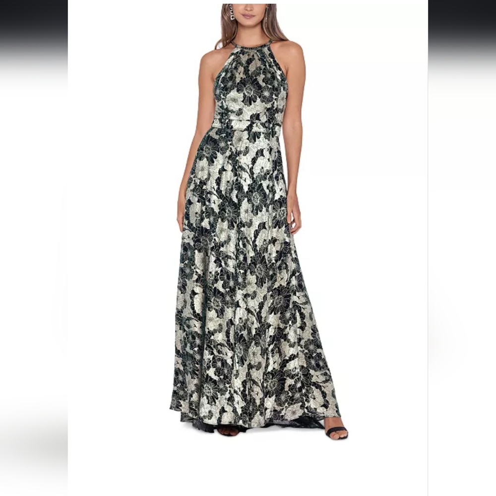 Betsy and Adam Navy and Gold Floral Halter Dress, Size 6, NWT, Perfect for NYE
